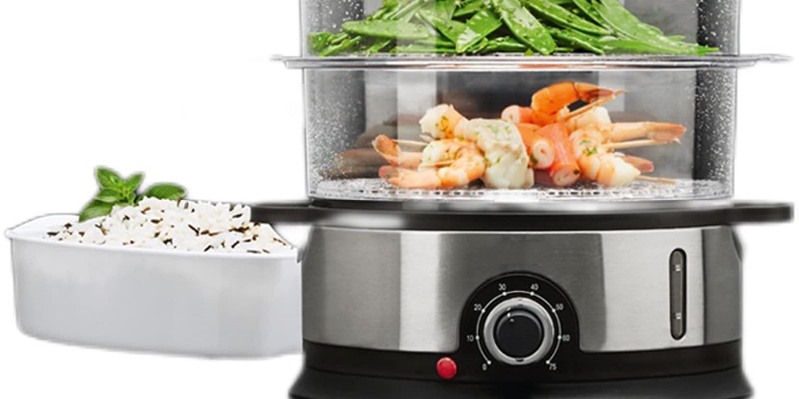 Multilayer food steamer crop top with seafood and rice