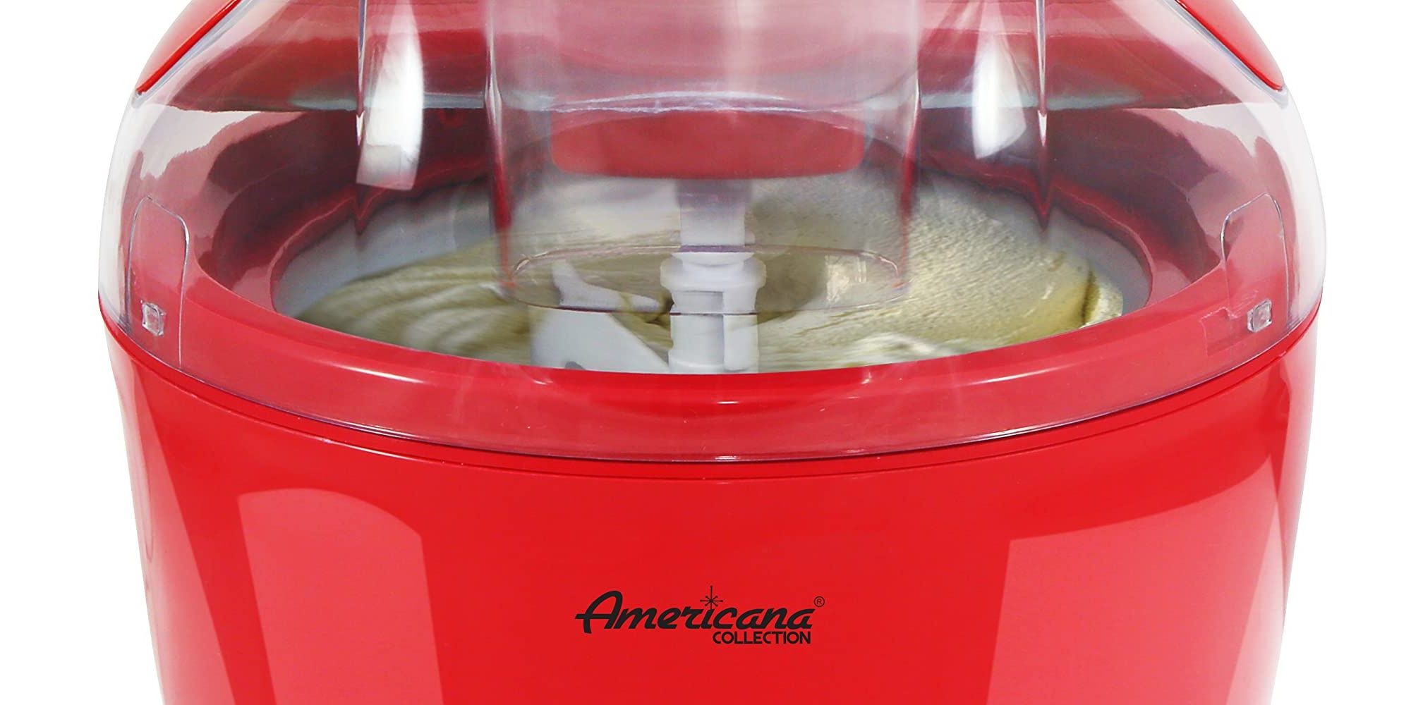 Red ice cream maker with ice cream stirrer