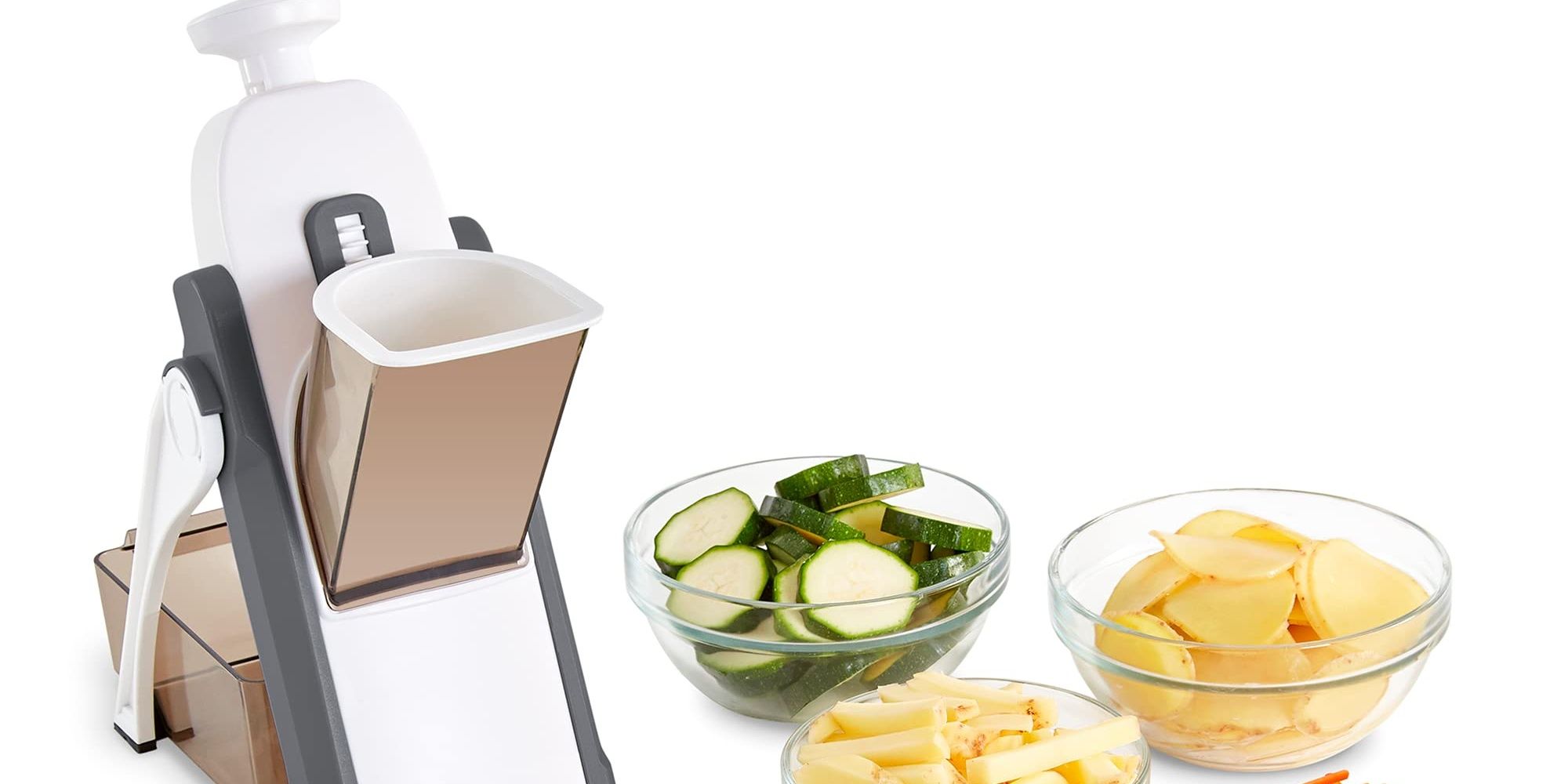 Mandoline slicer guarded with chopped vegetables