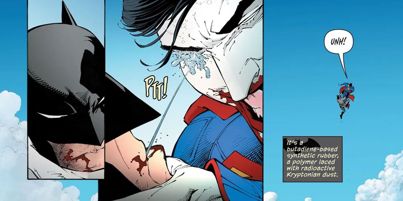 Batman spits kryptonite glue in Superman's eye