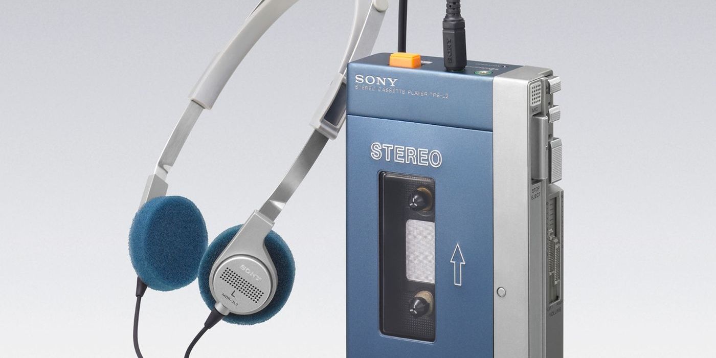 Blue and silver Sony Walkman® with headphones attached